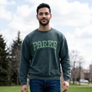 Parks Project Mens Medium Grey/Green Arched Logo Crewneck Sweatshirt Faded Wash